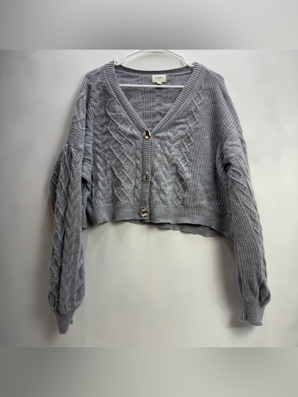 Cami NYC Women’s Grey Cropped Knit Cardigan with Silver Buttons